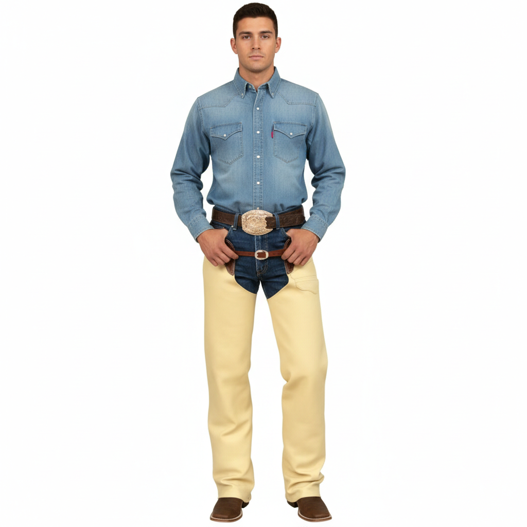 Men's sandstone beige smooth leather western riding chaps with a minimalist design and open-seat cut.
